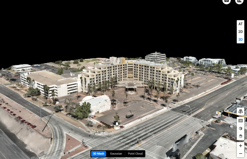 3D mesh visualization of a Phoenix building captured through drone photogrammetry, showing accurate structure and surrounding infrastructure.