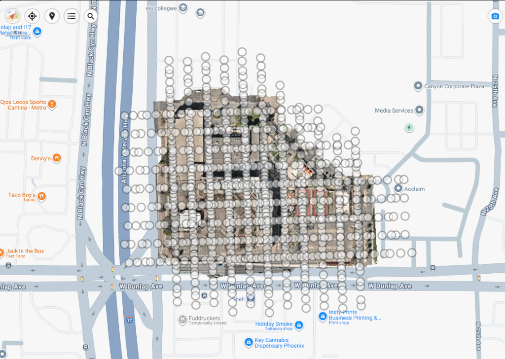Orthomosaic map of a Phoenix property generated from drone imagery showing hundreds of georeferenced capture points for spatial accuracy.
